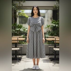 merry jenny Black and White Gingham Bow Midi Dress
